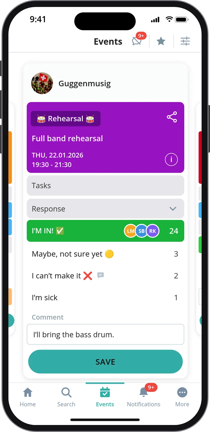 Gumb app on a smartphone: rehearsal event with RSVPs